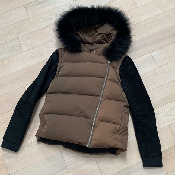 Maje leather sleeves raccoon fur hood warm removable sleeve down warm jacket 2 - Picture 4 of 15